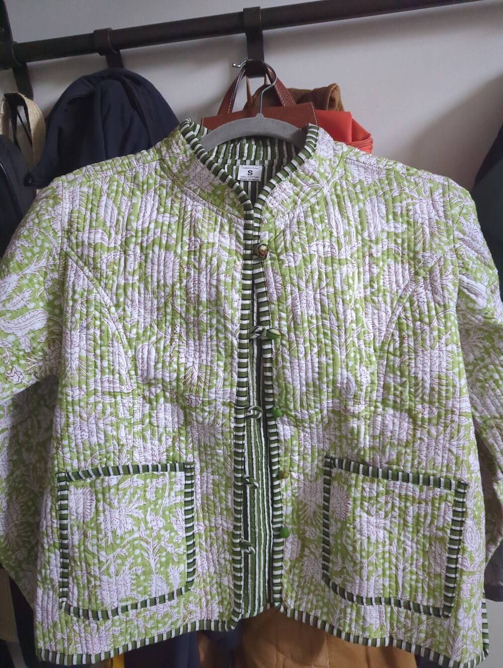 Reversible Cotton Quilted Floral Jacket From India (Handmade) - Green & White